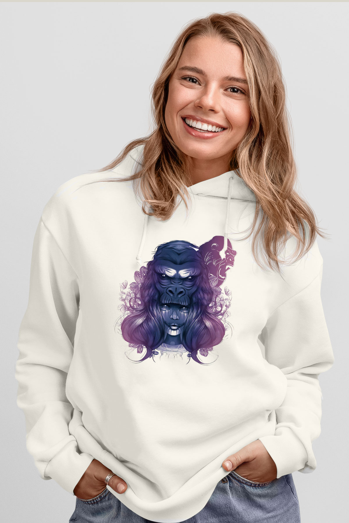 Goril Beyaz Unisex Hoodie