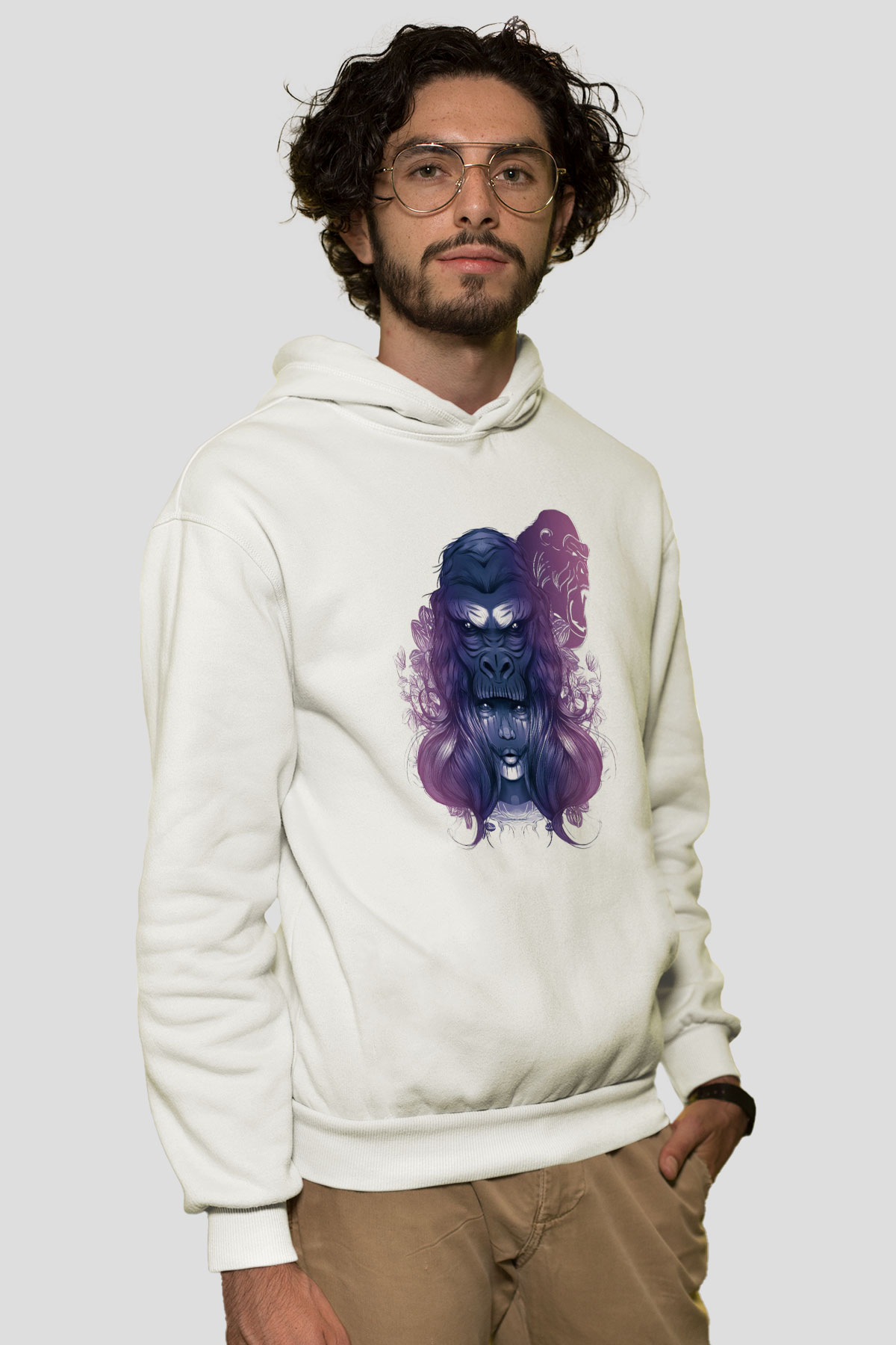 Goril Beyaz Unisex Hoodie