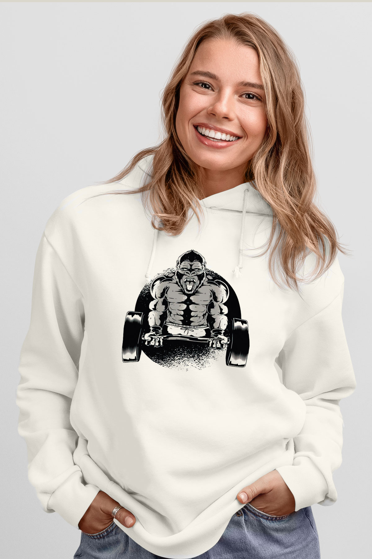 Goril Beyaz Unisex Hoodie