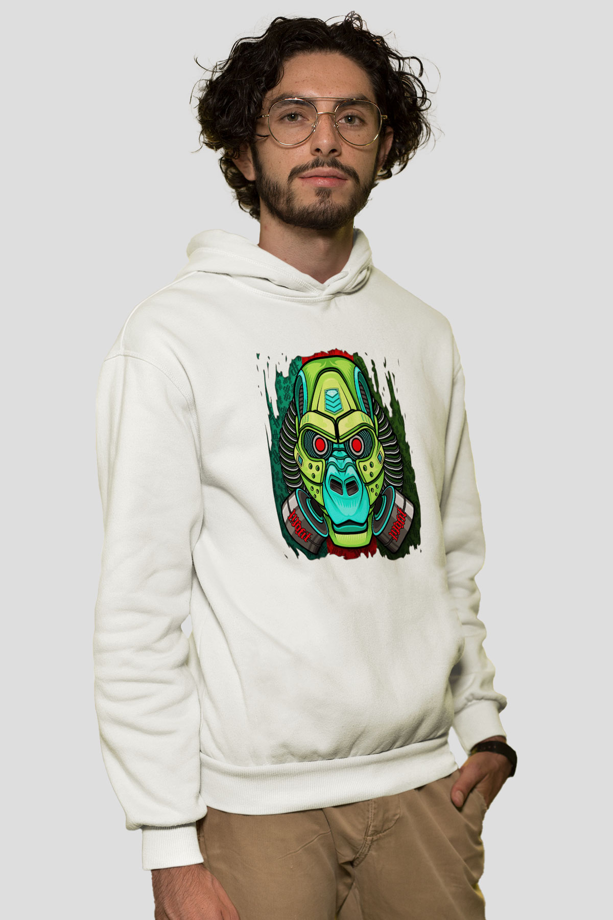 Goril Beyaz Unisex Kapşonlu Sweatshirt