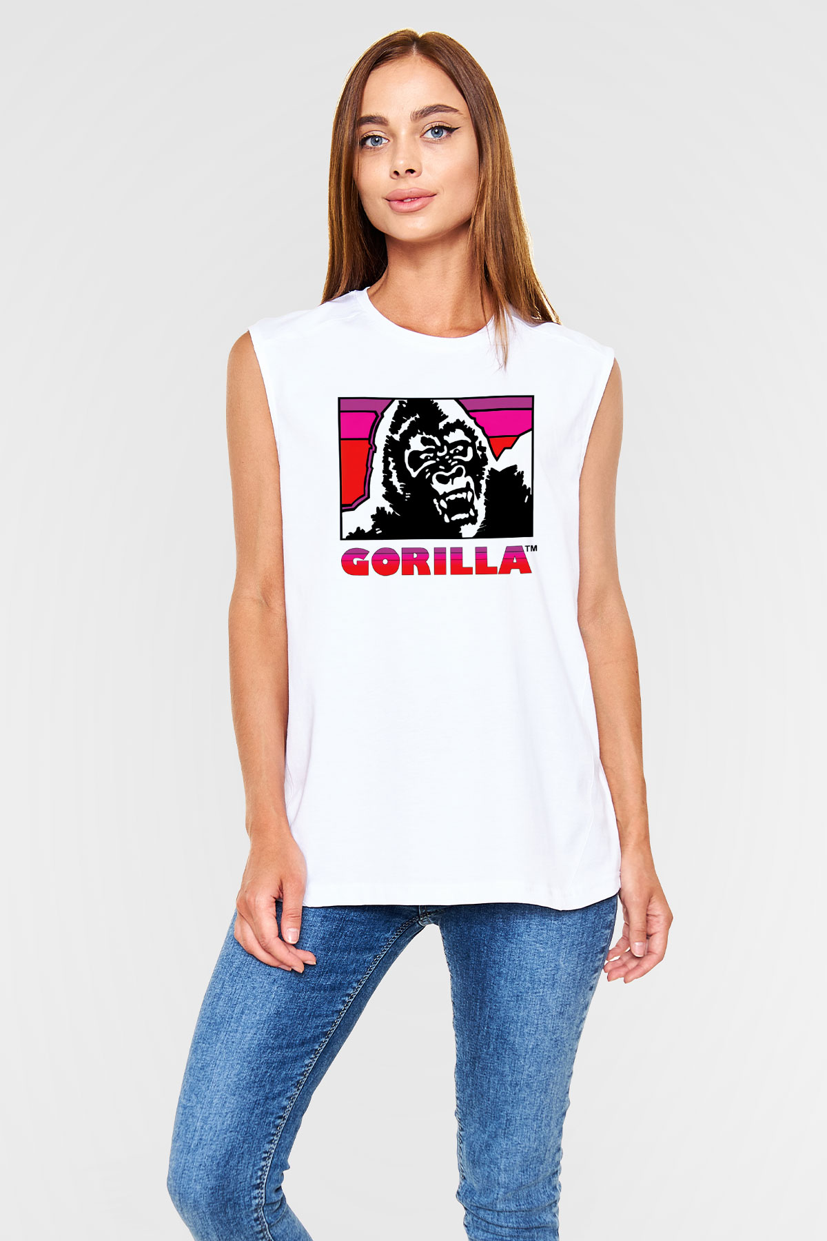 Goril Beyaz Unisex Kolsuz Tişört