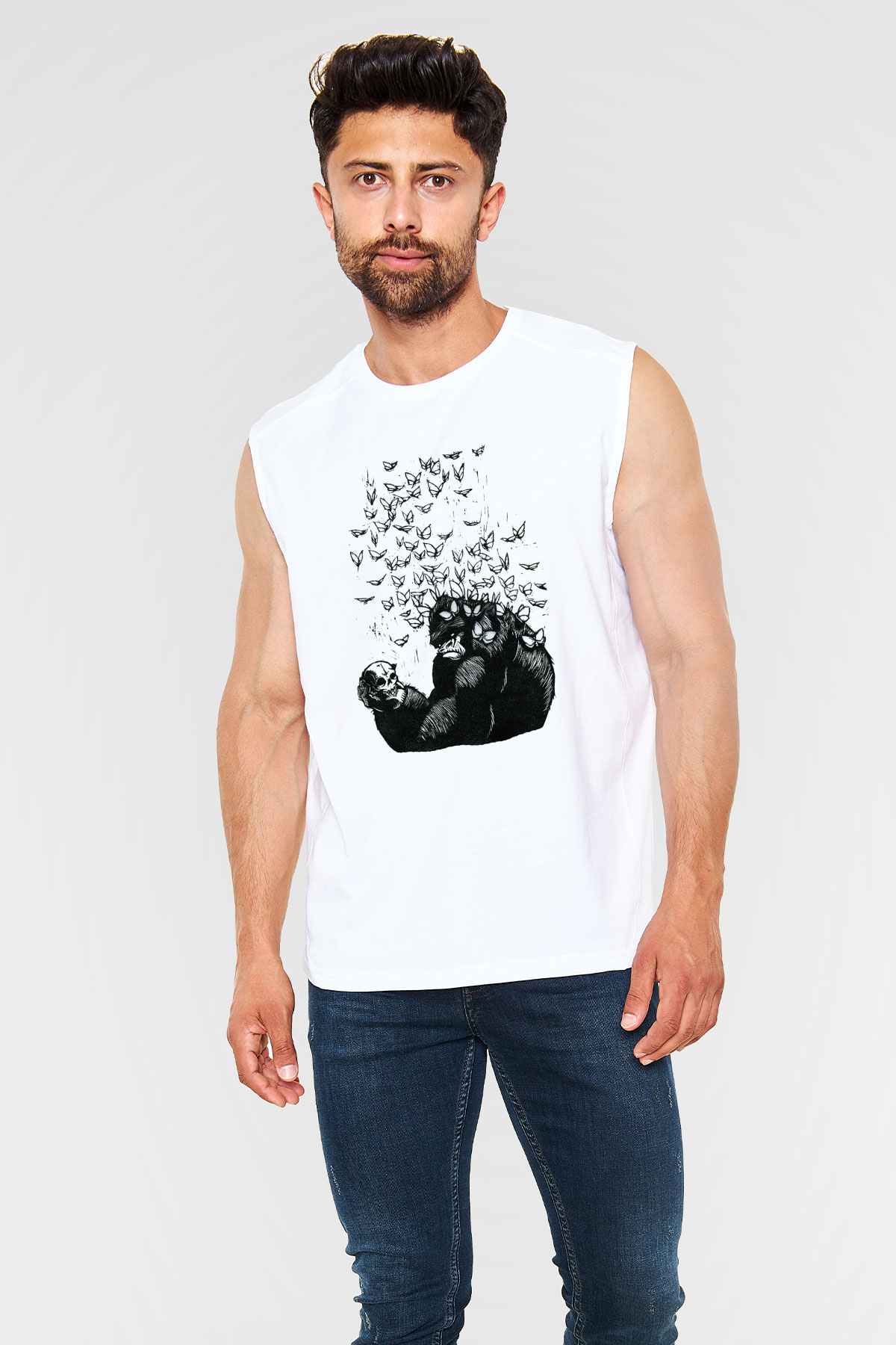Goril Beyaz Unisex Kolsuz Tişört