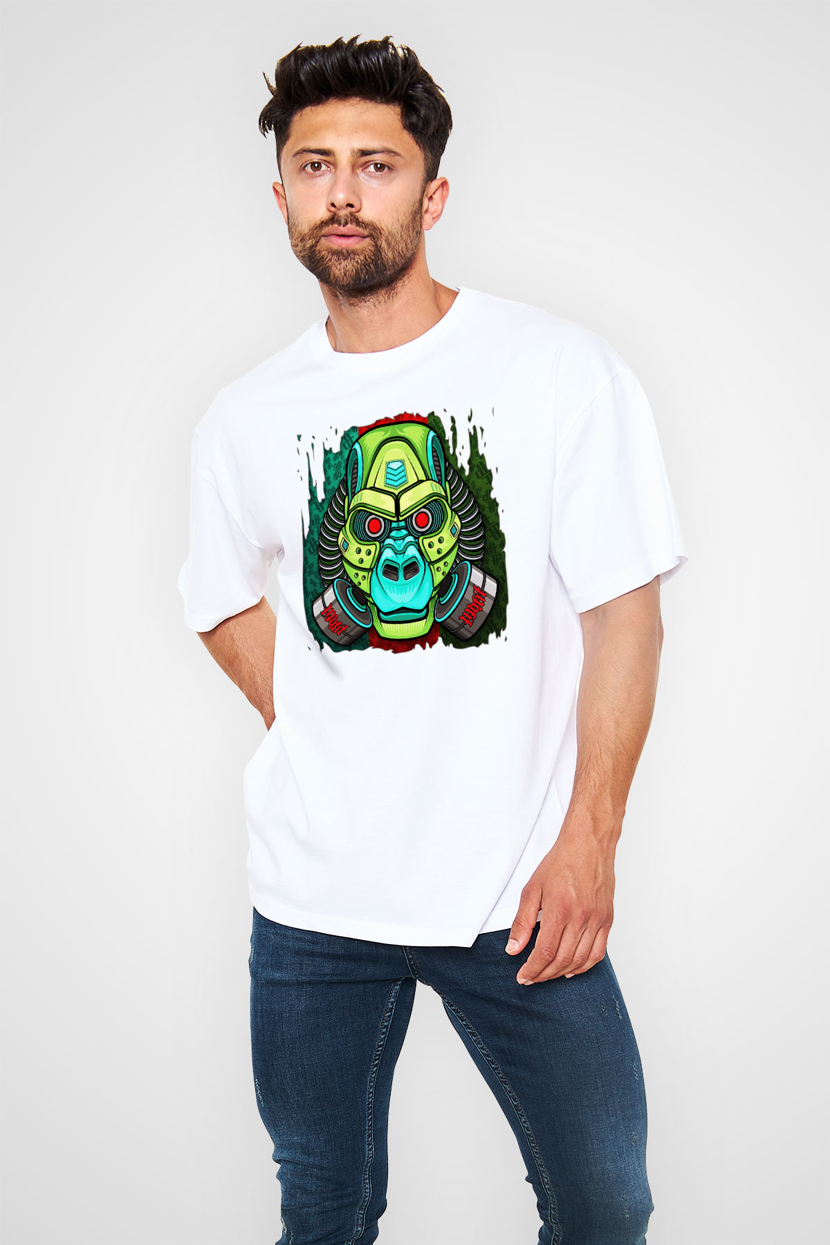 Goril Beyaz Unisex Oversize Tişört T-Shirt