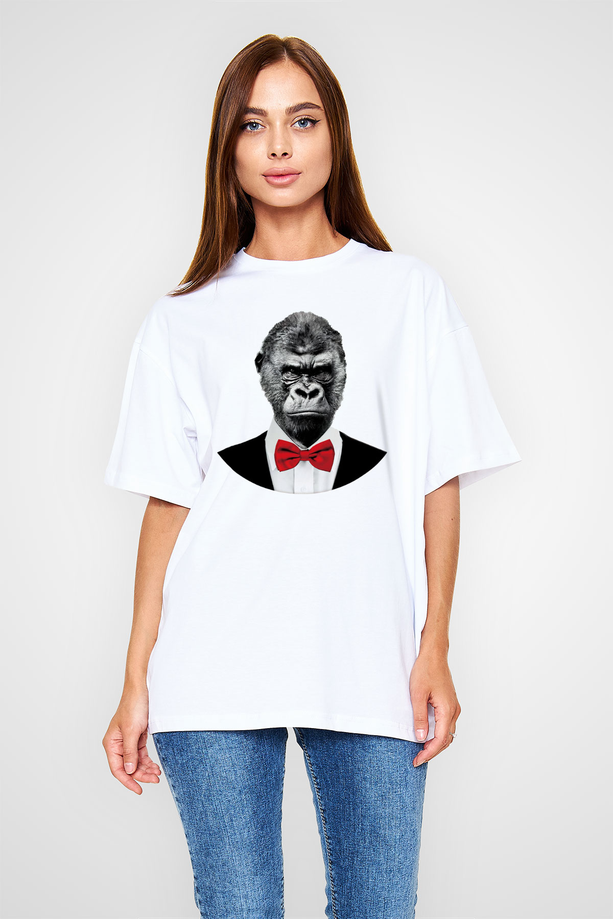 Goril Beyaz Unisex Oversize Tişört T-Shirt