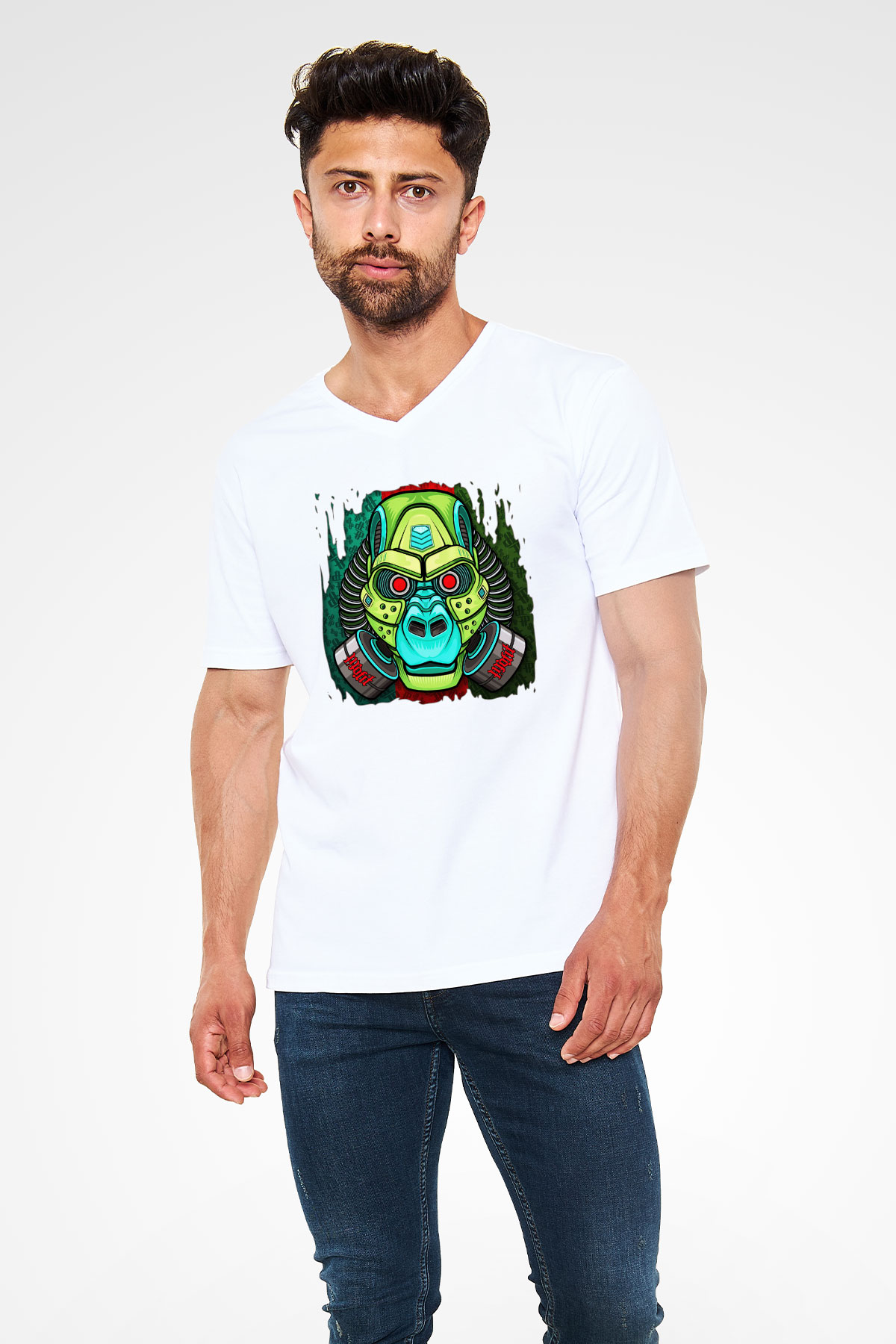Goril Beyaz Unisex V Yaka Tişört T-Shirt