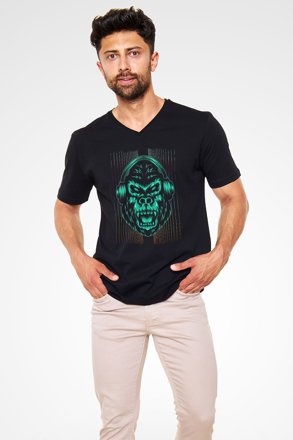 Goril Siyah Unisex V Yaka Tişört
