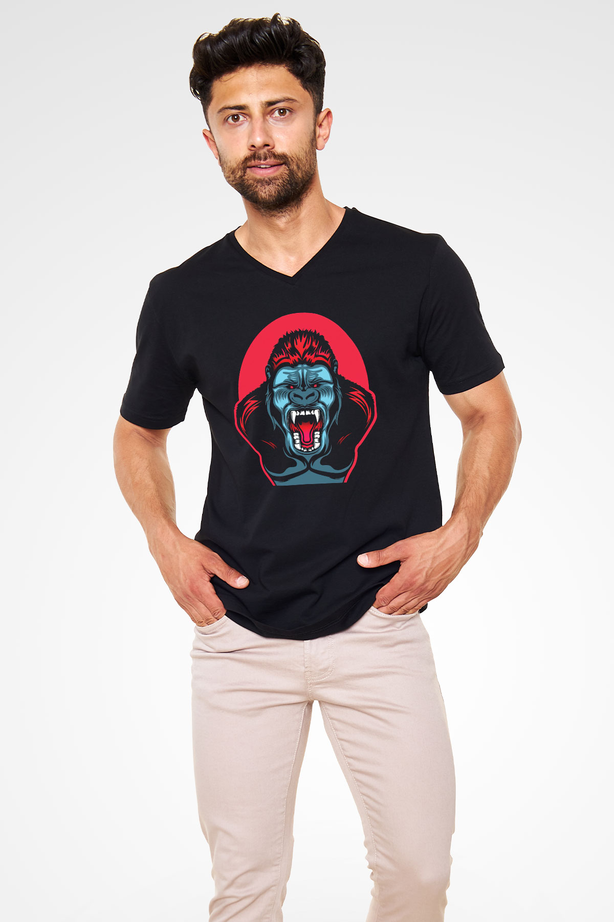 Goril Siyah Unisex V Yaka Tişört