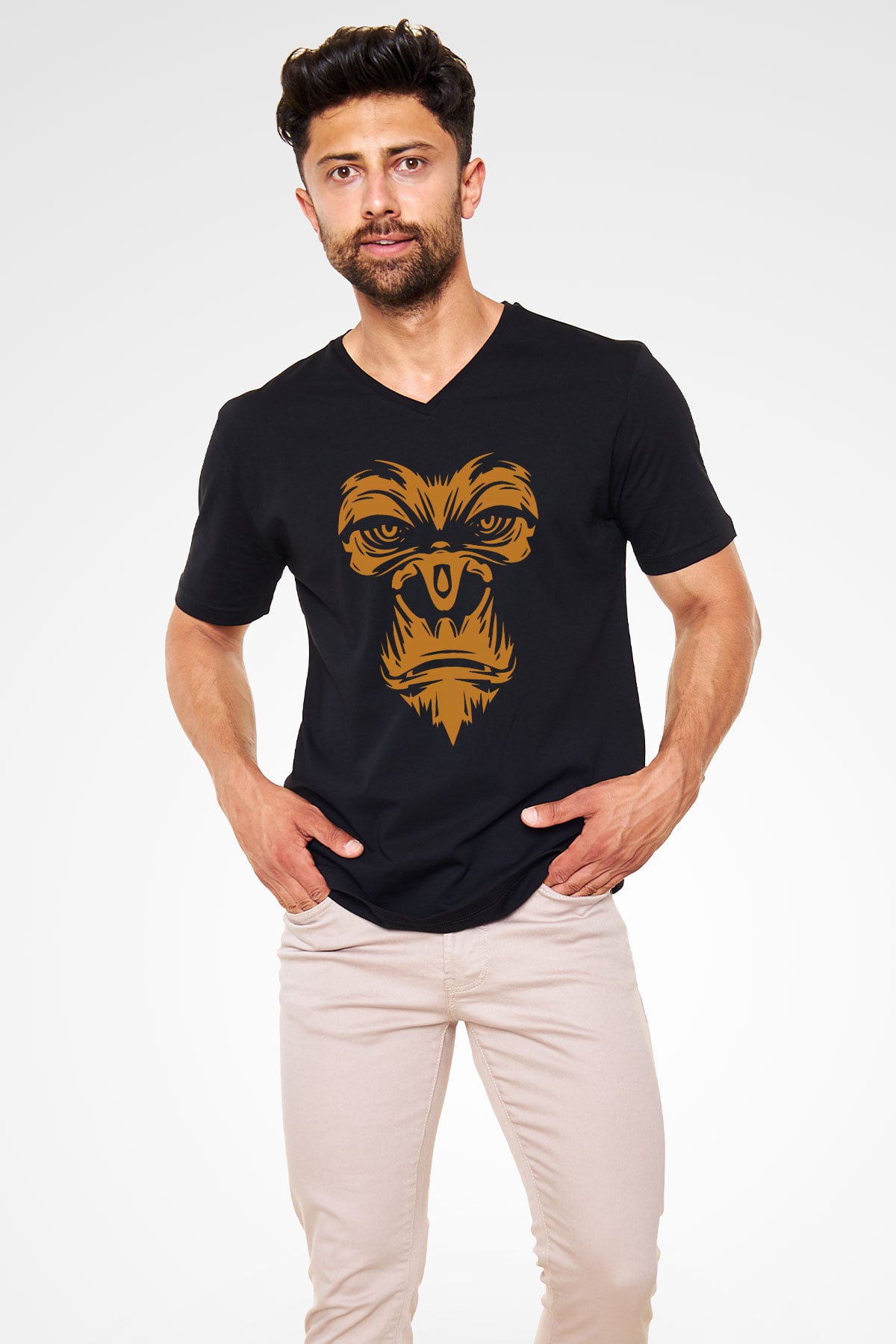 Goril Siyah Unisex V Yaka Tişört T-Shirt