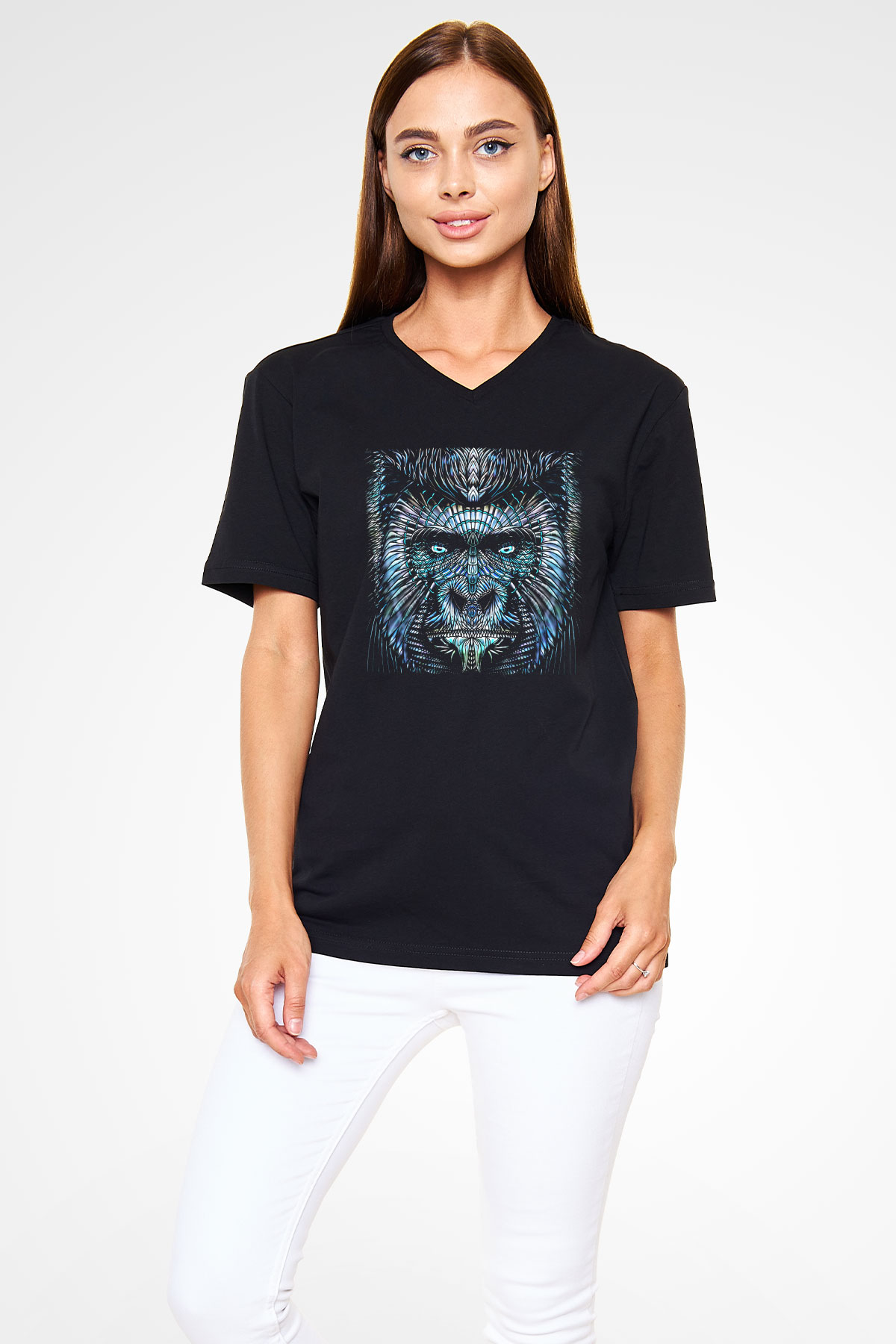 Goril Siyah Unisex V Yaka Tişört T-Shirt