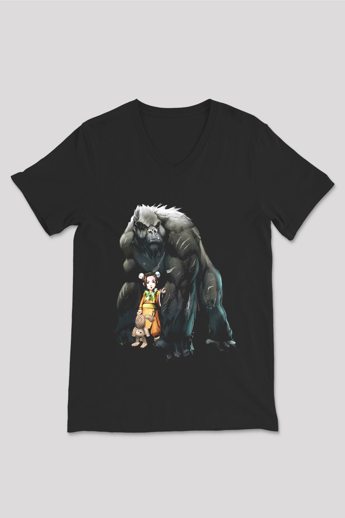 Goril Siyah Unisex V Yaka Tişört T-Shirt