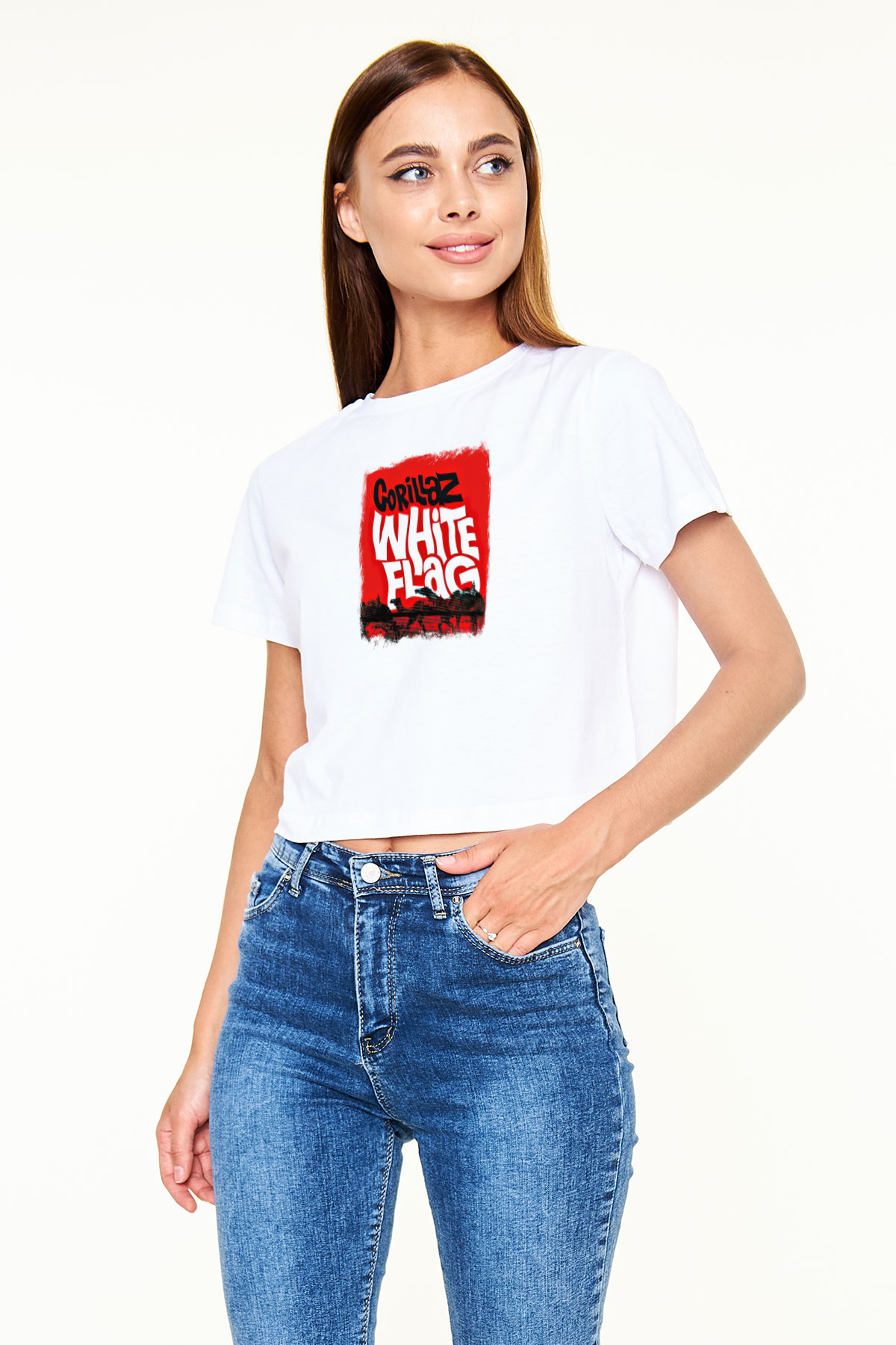 Gorillaz Baskılı Unisex Beyaz Crop Top Tişört