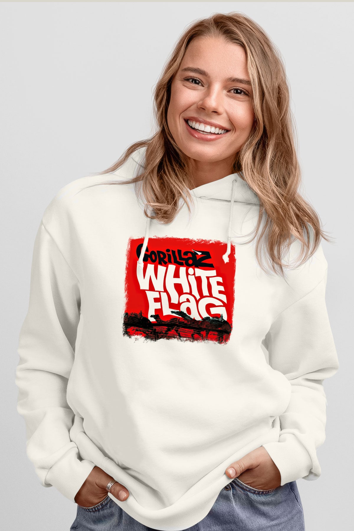 Gorillaz Baskılı Unisex Beyaz Hoodie