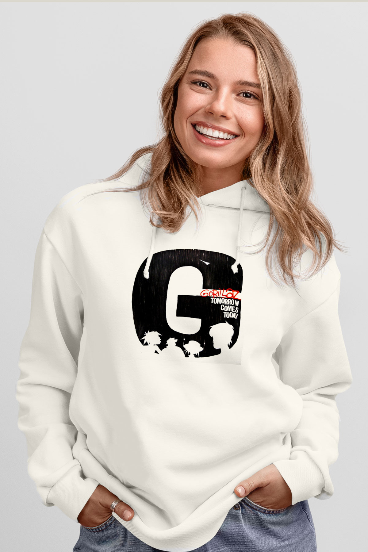 Gorillaz Baskılı Unisex Beyaz Hoodie