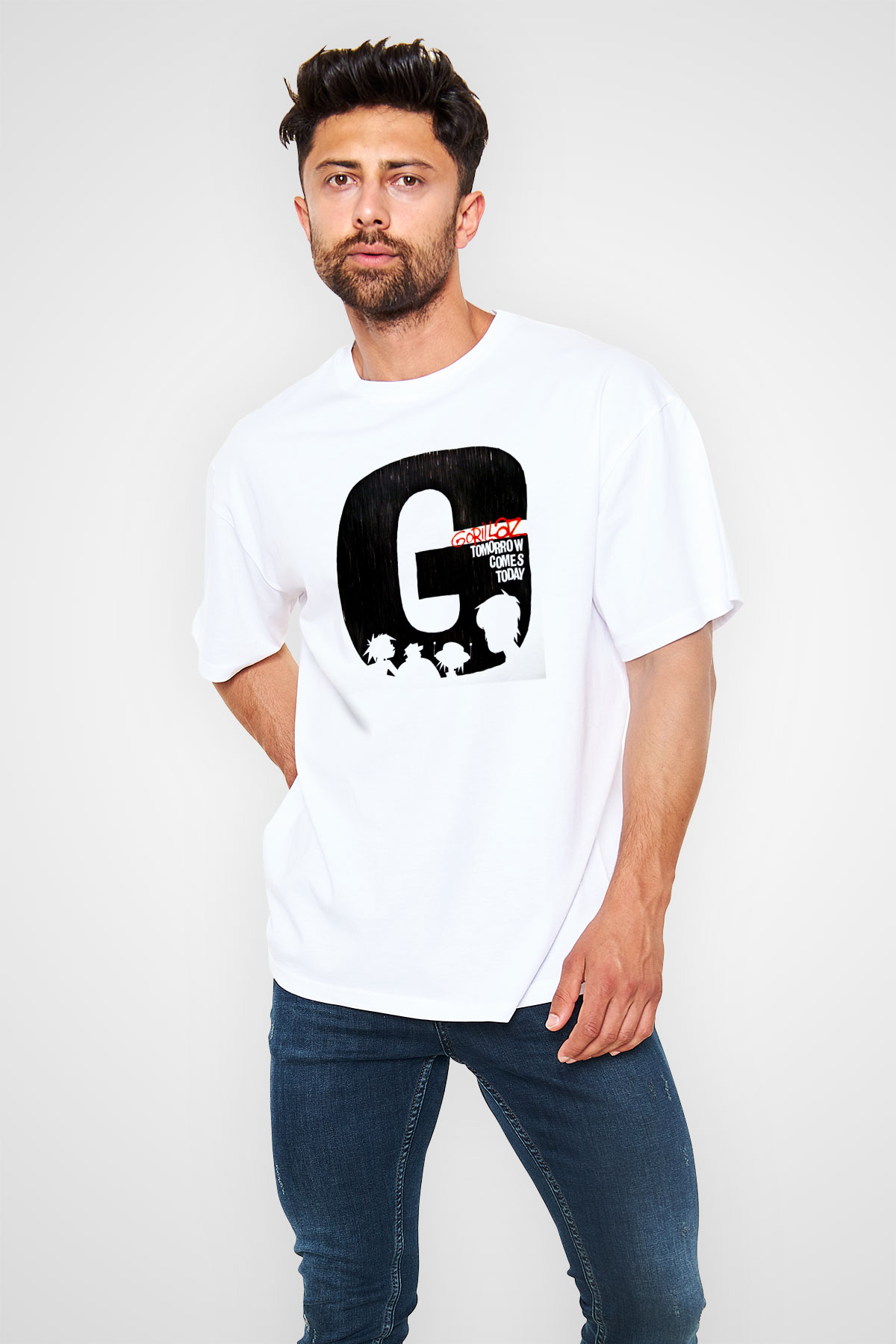 Gorillaz Baskılı Unisex Beyaz Oversize Tişört