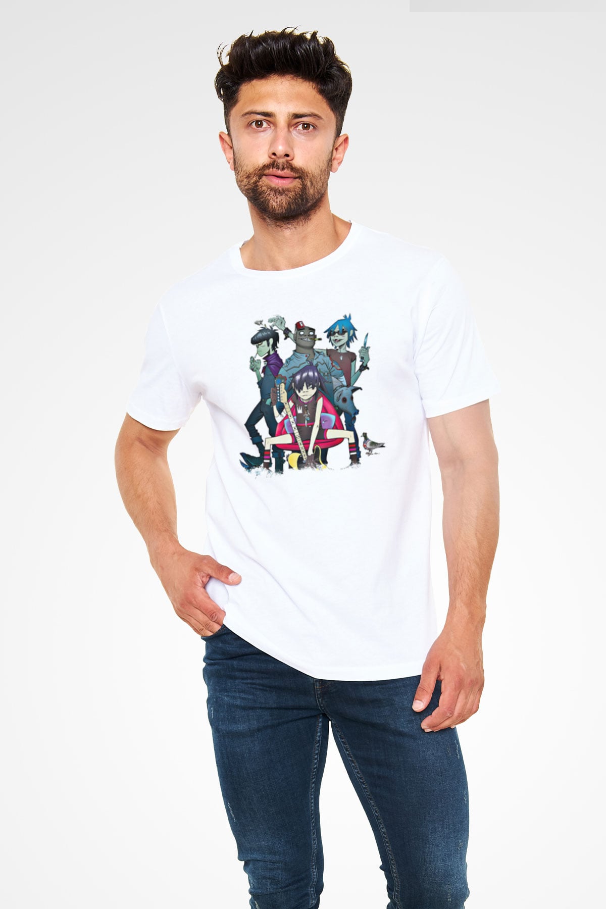Gorillaz Baskılı Unisex Beyaz Tişört