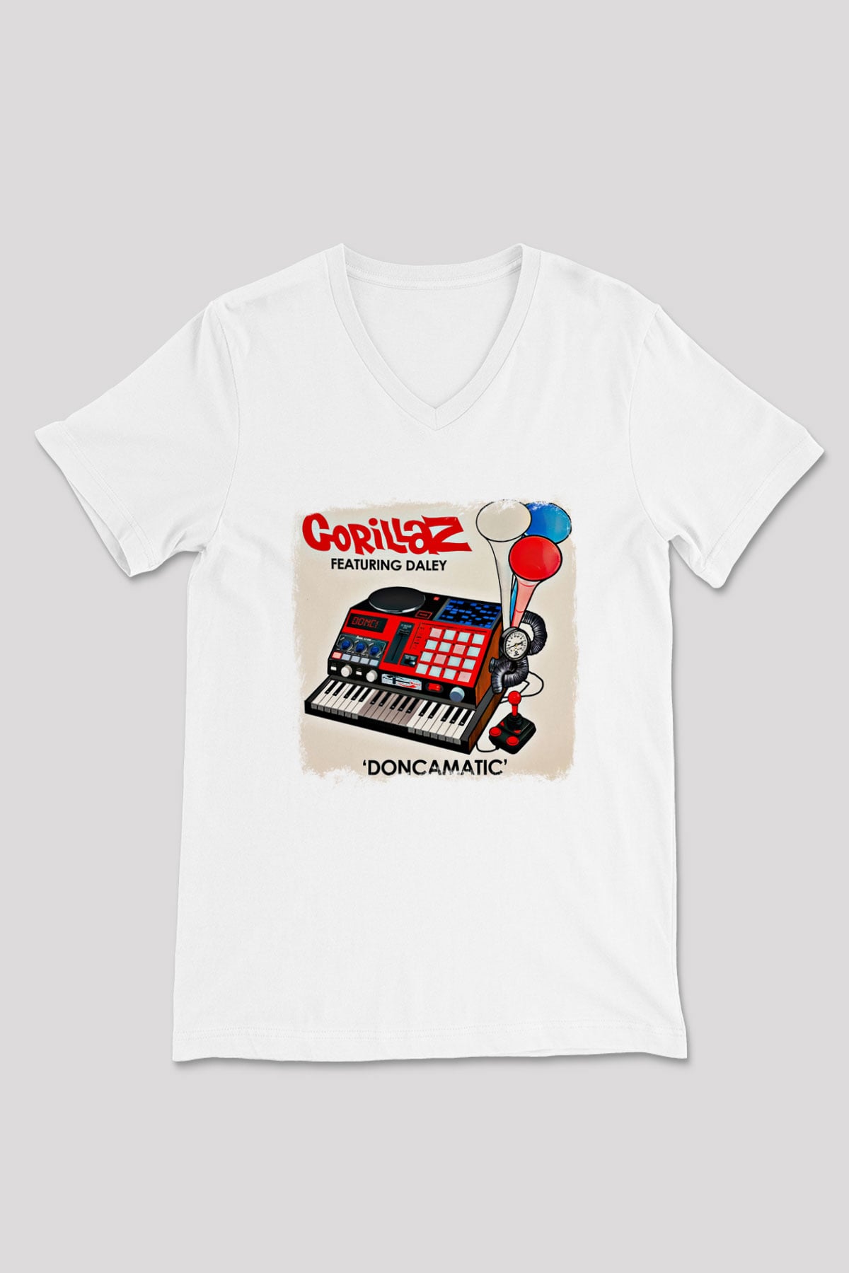 Gorillaz Baskılı Unisex Beyaz V Yaka Tişört