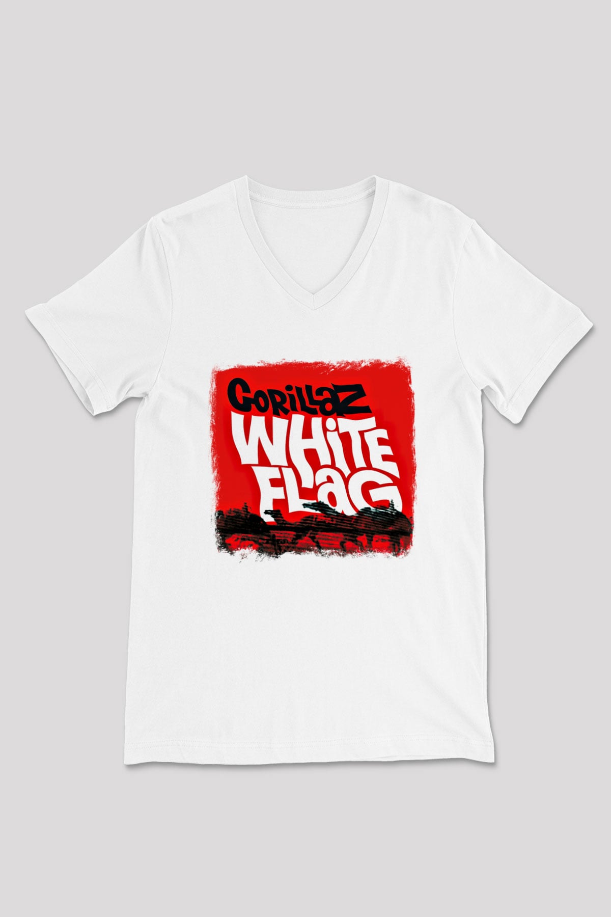 Gorillaz Baskılı Unisex Beyaz V Yaka Tişört