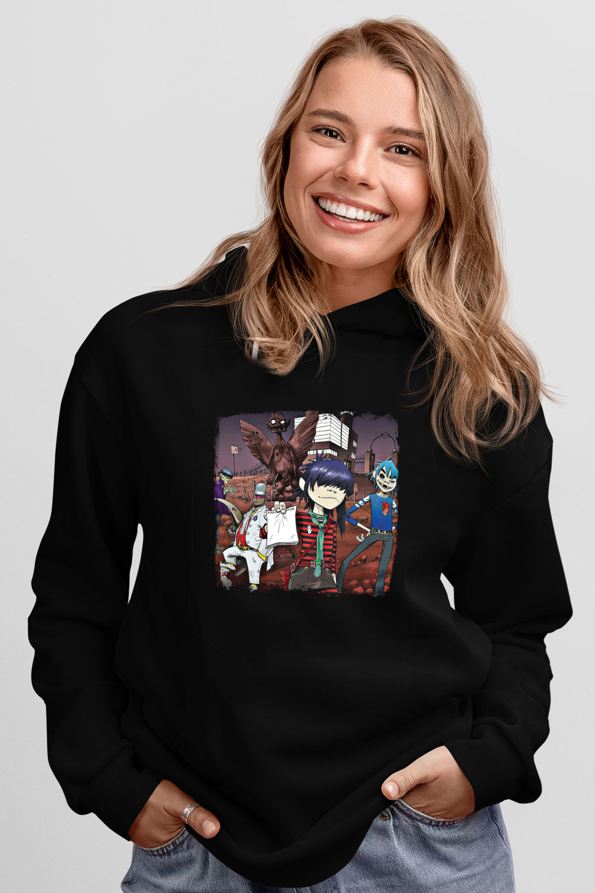 Gorillaz Baskılı Unisex Siyah Hoodie