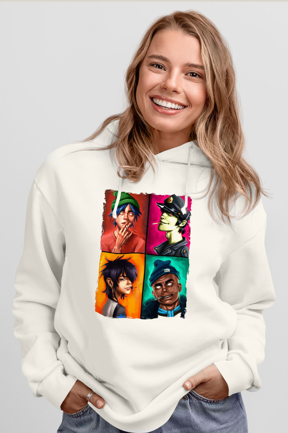 Gorillaz Beyaz Unisex Kapüşonlu Sweatshirt
