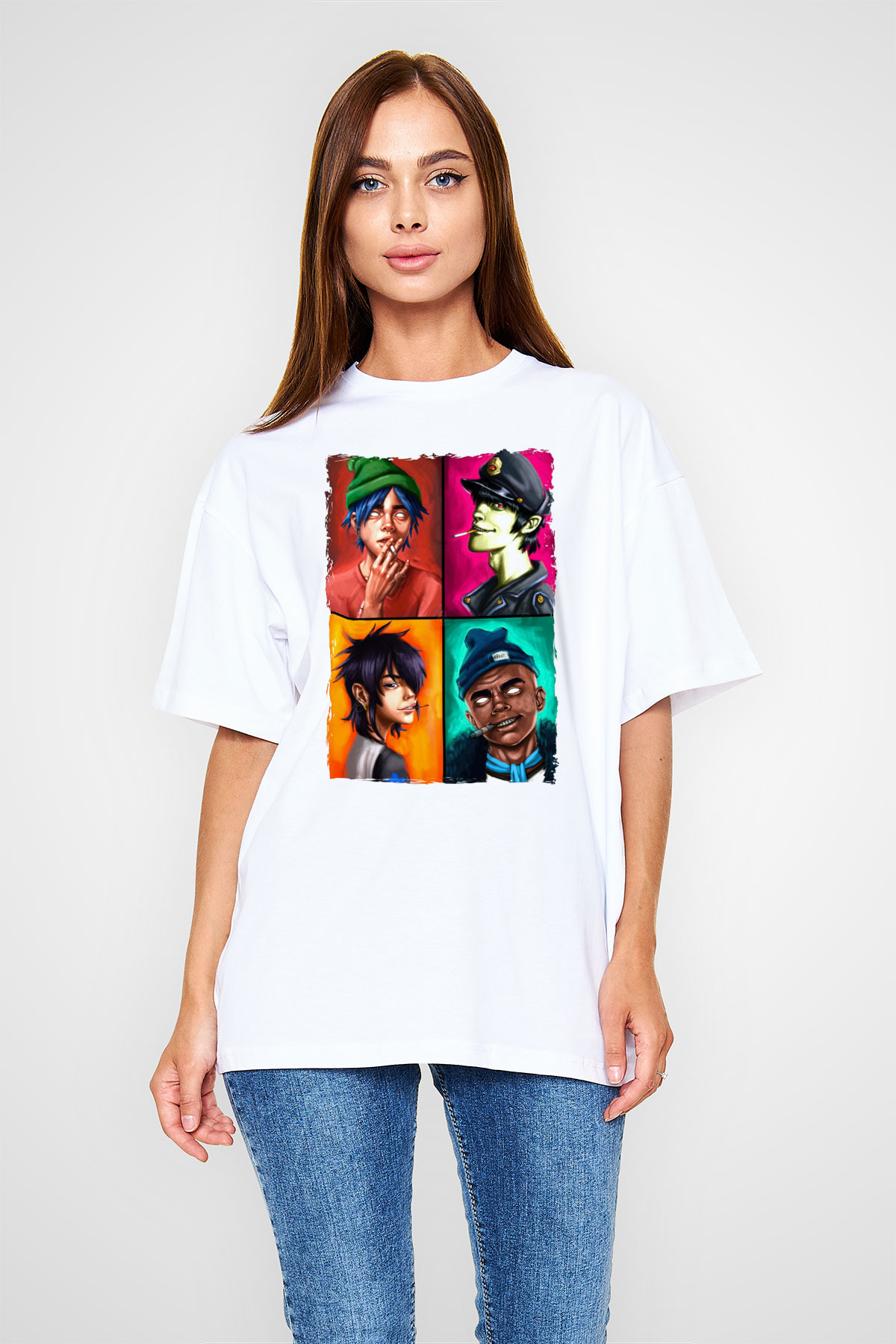 Gorillaz Beyaz Oversize Tişört Oversize T-shirt - TişörtFabrikası