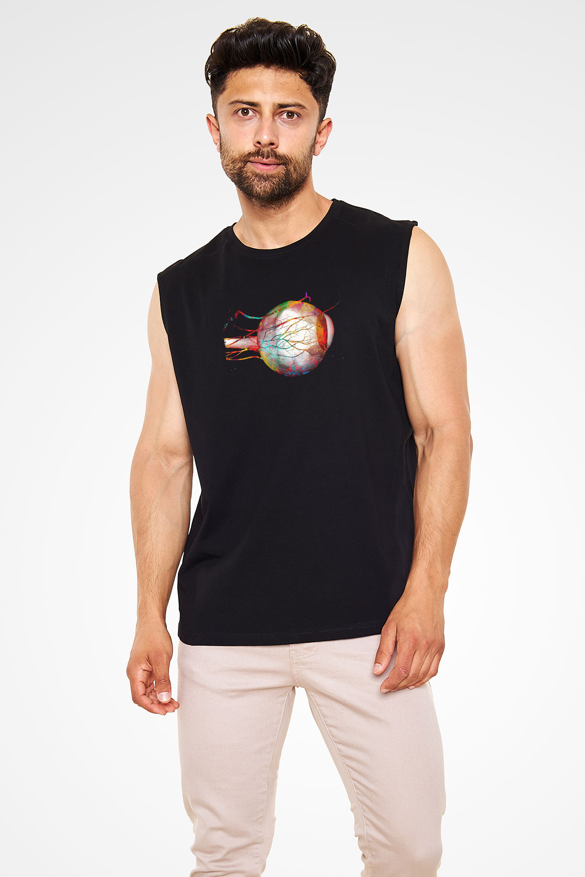 Göz Anatomisi Baskılı Unisex Kolsuz Siyah Tişört - Tshirt