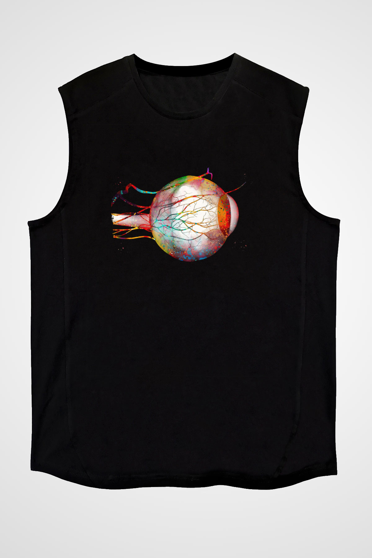 Göz Anatomisi Baskılı Unisex Kolsuz Siyah Tişört - Tshirt