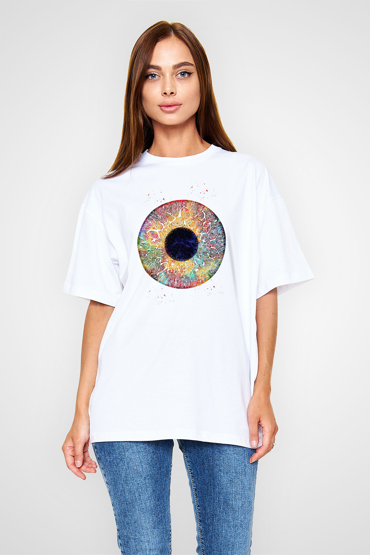 Göz İrisi Baskılı Unisex Oversize Beyaz Tişört - Tshirt