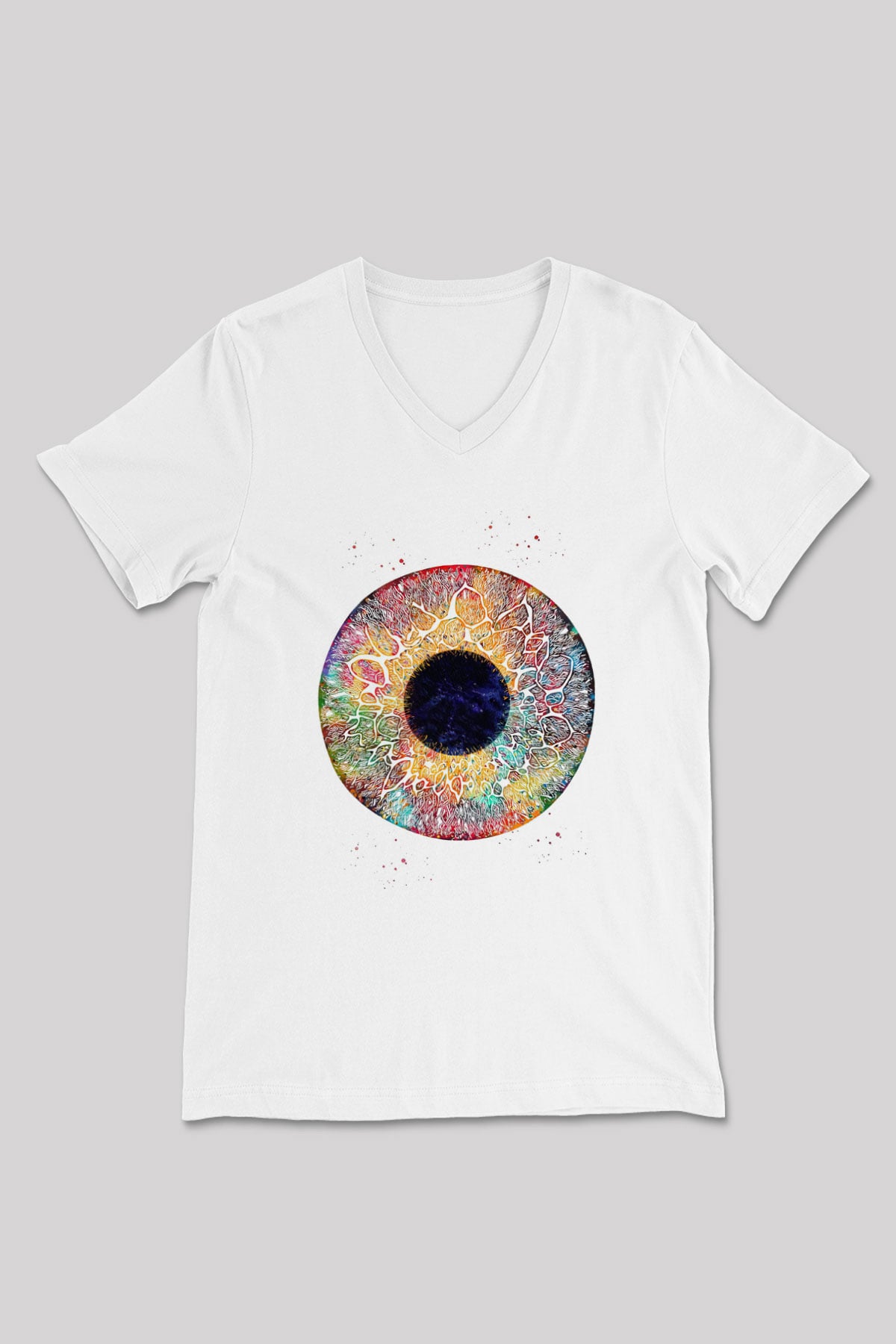Göz İrisi Baskılı Unisex V Yaka Beyaz Tişört - Tshirt