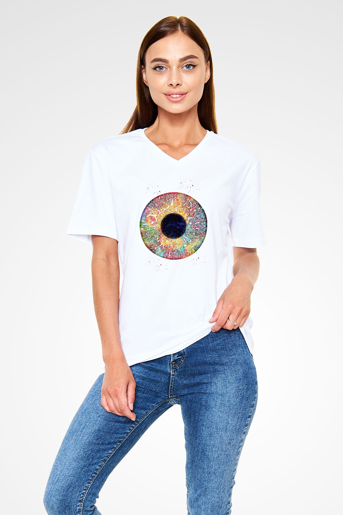 Göz İrisi Baskılı Unisex V Yaka Beyaz Tişört - Tshirt