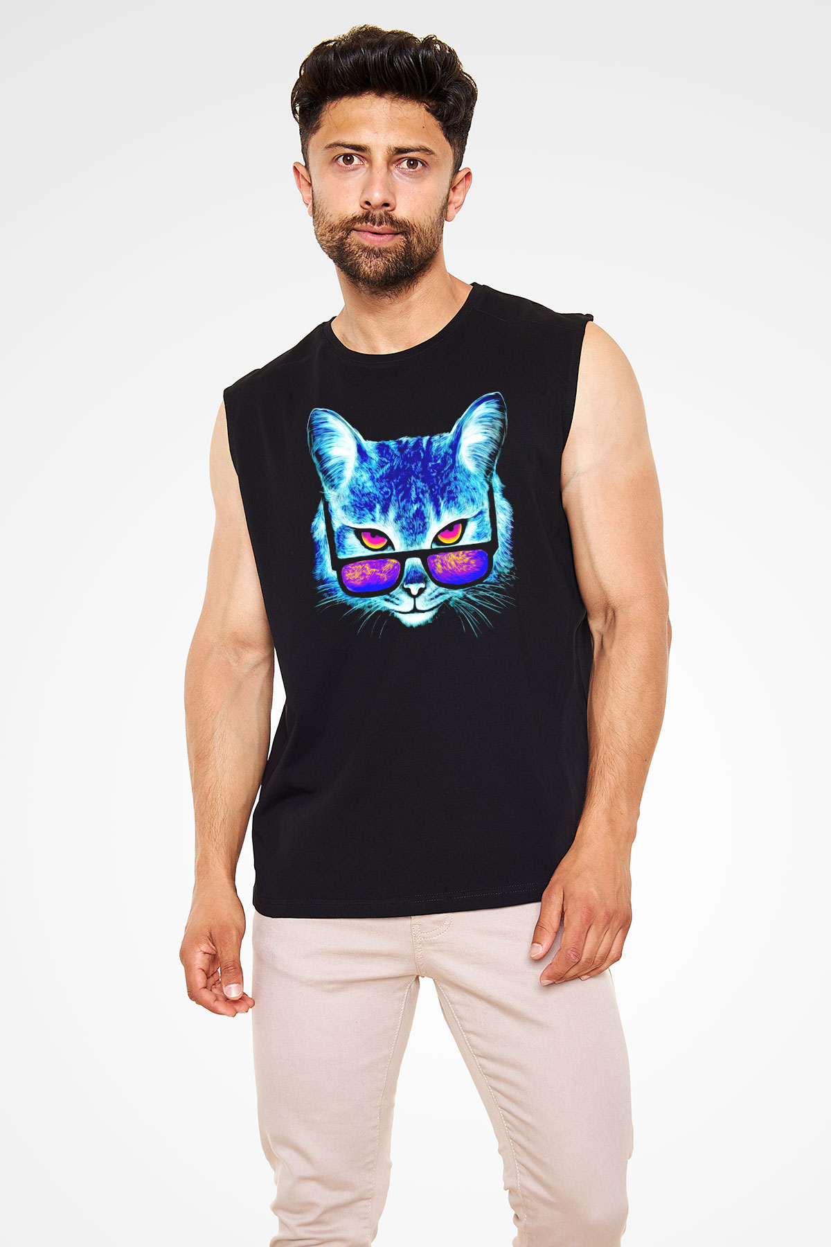 Gözlüklü Kedi Baskılı Unisex Siyah  Kolsuz Tişört