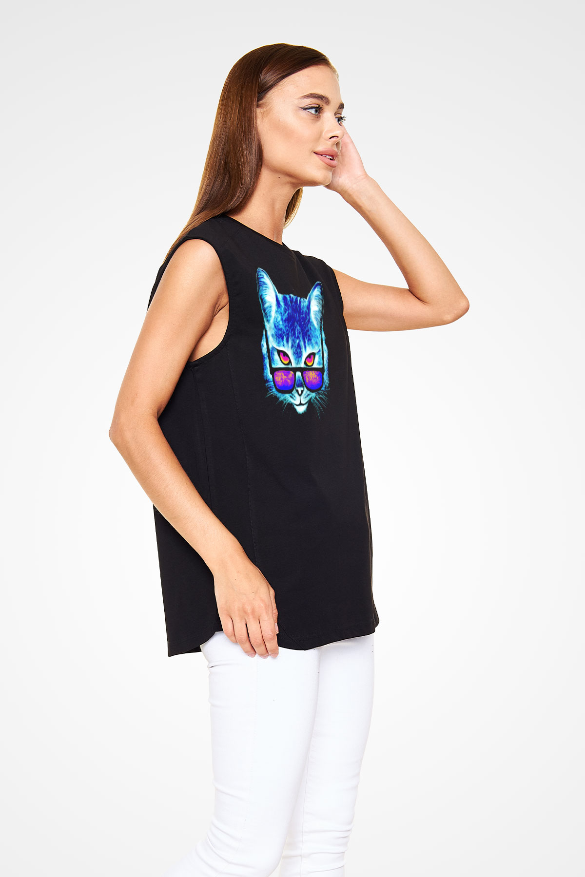 Gözlüklü Kedi Baskılı Unisex Siyah  Kolsuz Tişört