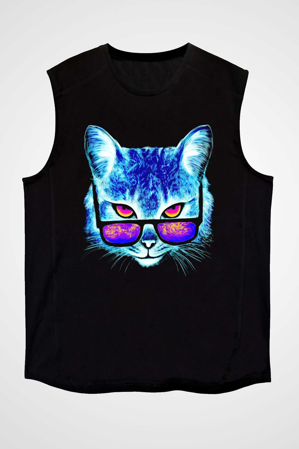Gözlüklü Kedi Baskılı Unisex Siyah  Kolsuz Tişört