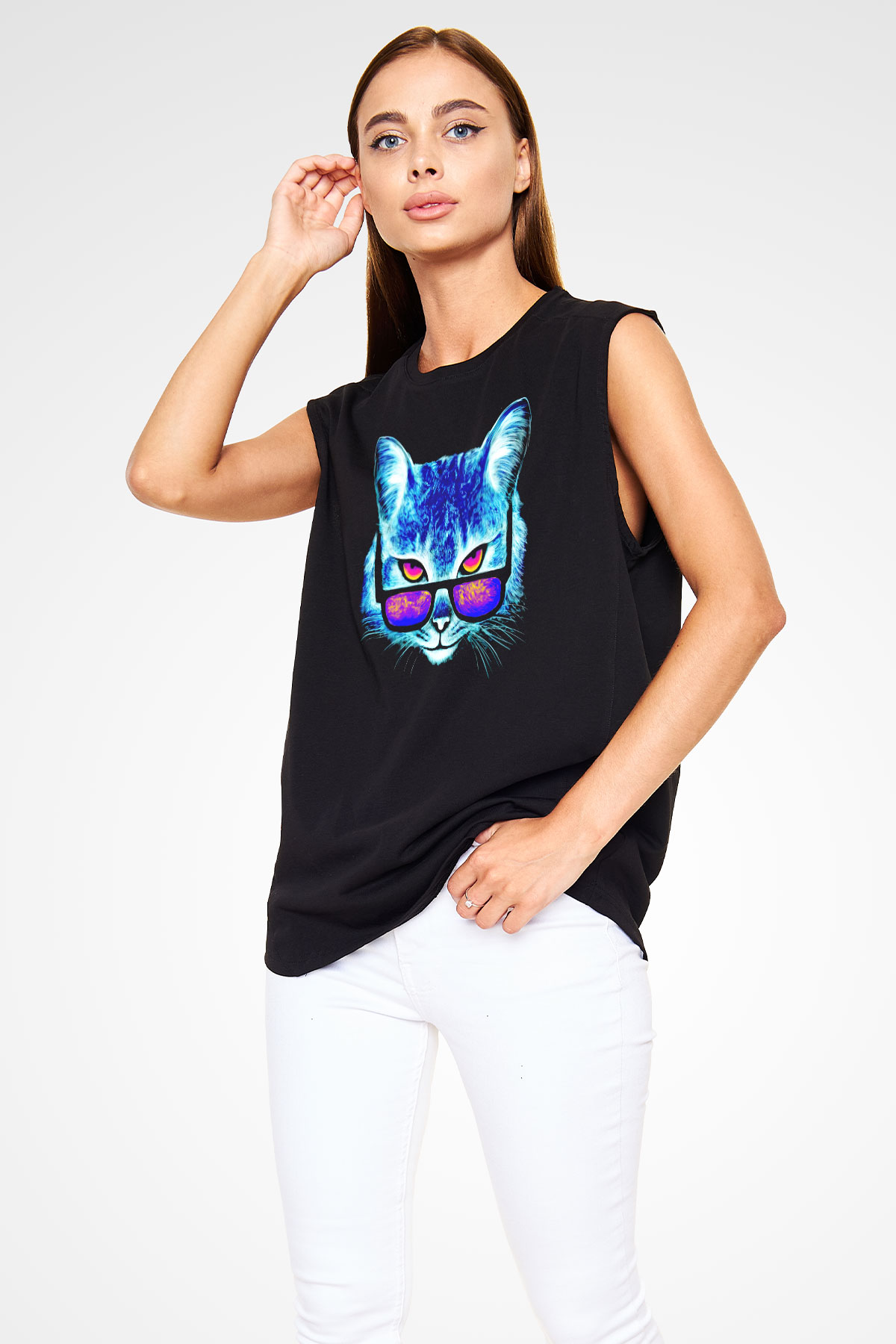 Gözlüklü Kedi Baskılı Unisex Siyah  Kolsuz Tişört