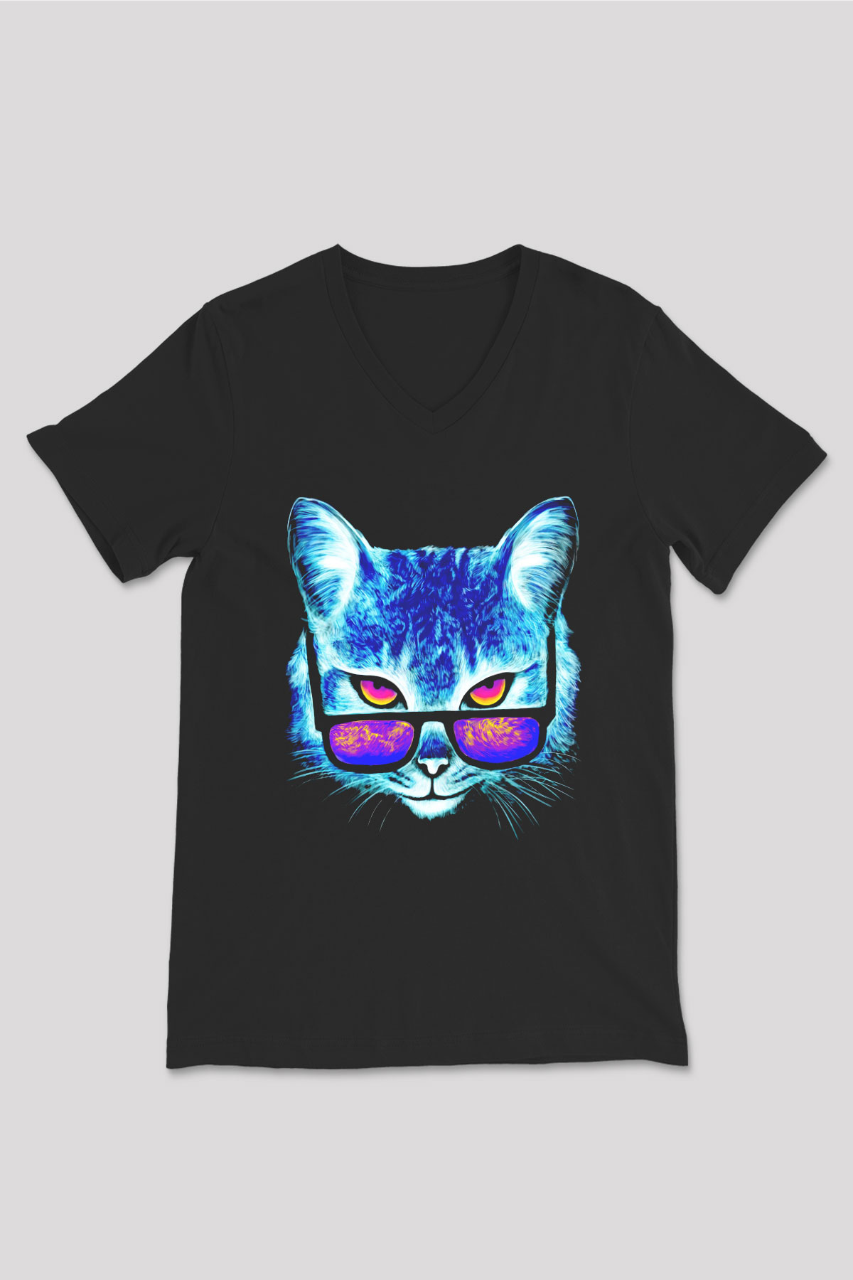 Gözlüklü Kedi Baskılı Unisex Siyah  V Yaka Tişört