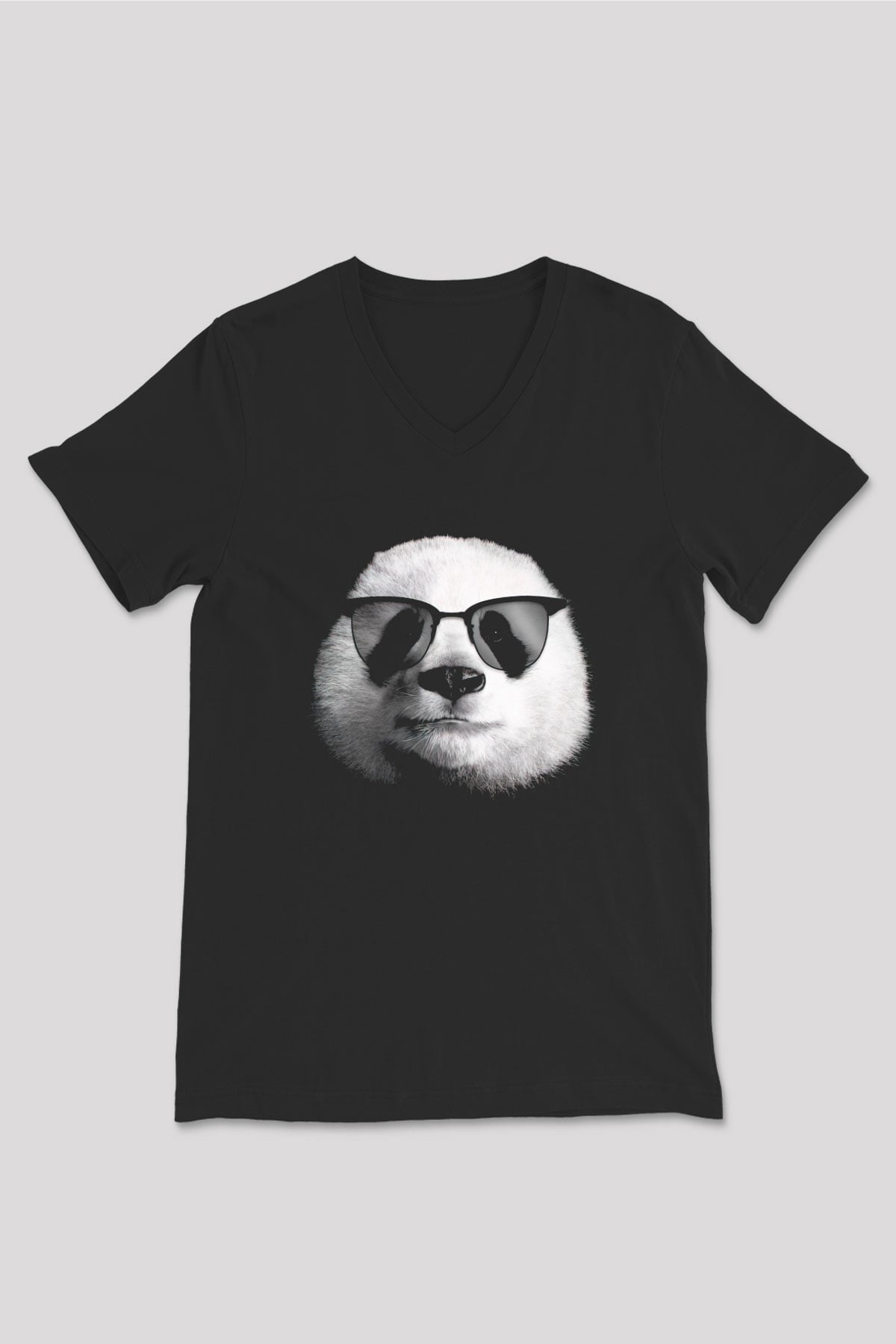 Gözlüklü Panda Baskılı Unisex Siyah  V Yaka Tişört