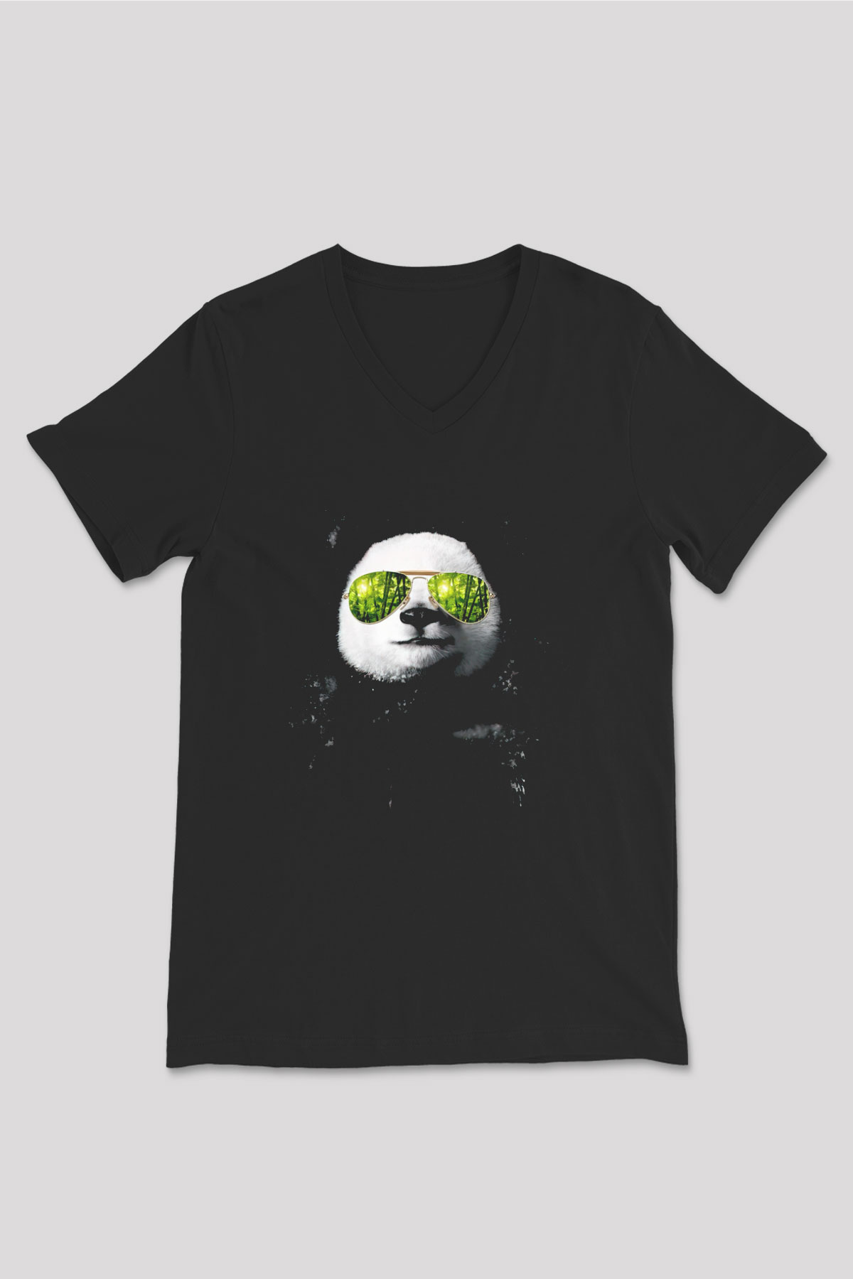 Gözlüklü Panda Baskılı Unisex Siyah  V Yaka Tişört