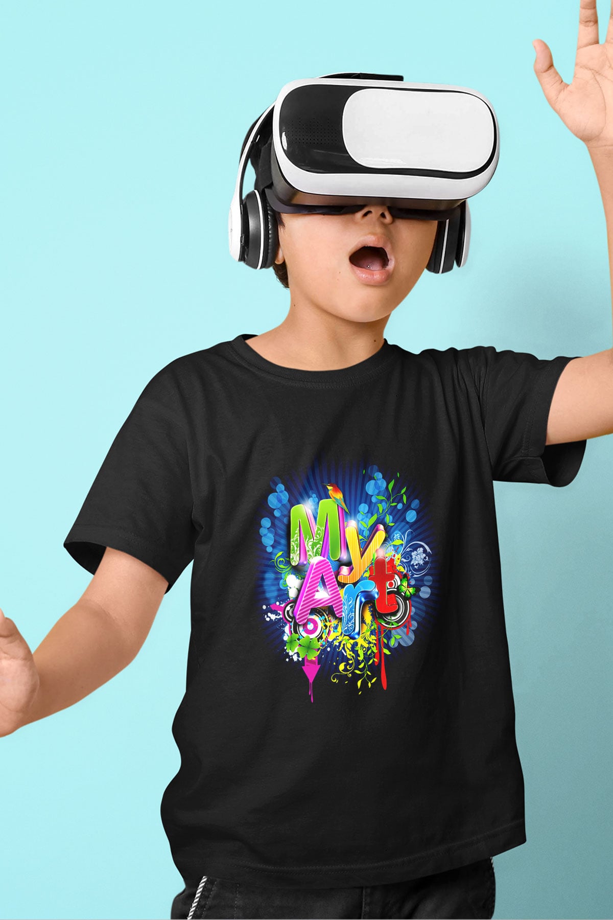 Grafiker Baskılı Siyah Unisex Çocuk Tişört