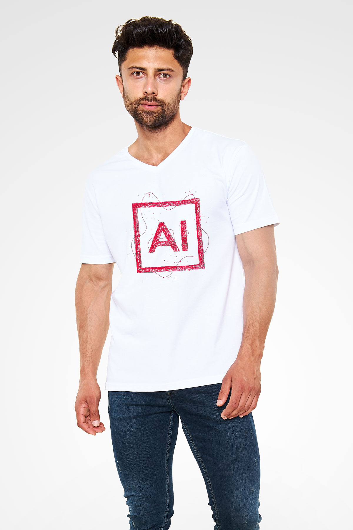 Grafiker Beyaz Unisex V Yaka Tişört