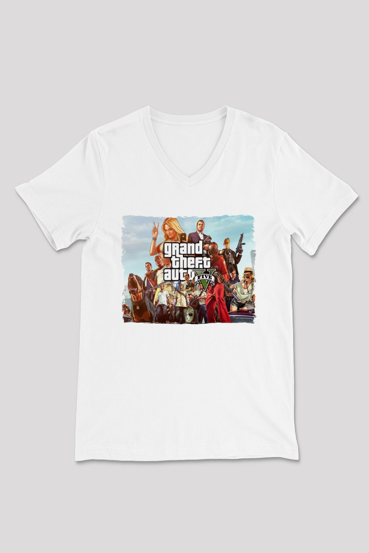 Grand Theft Auto Beyaz Unisex V Yaka Tişört