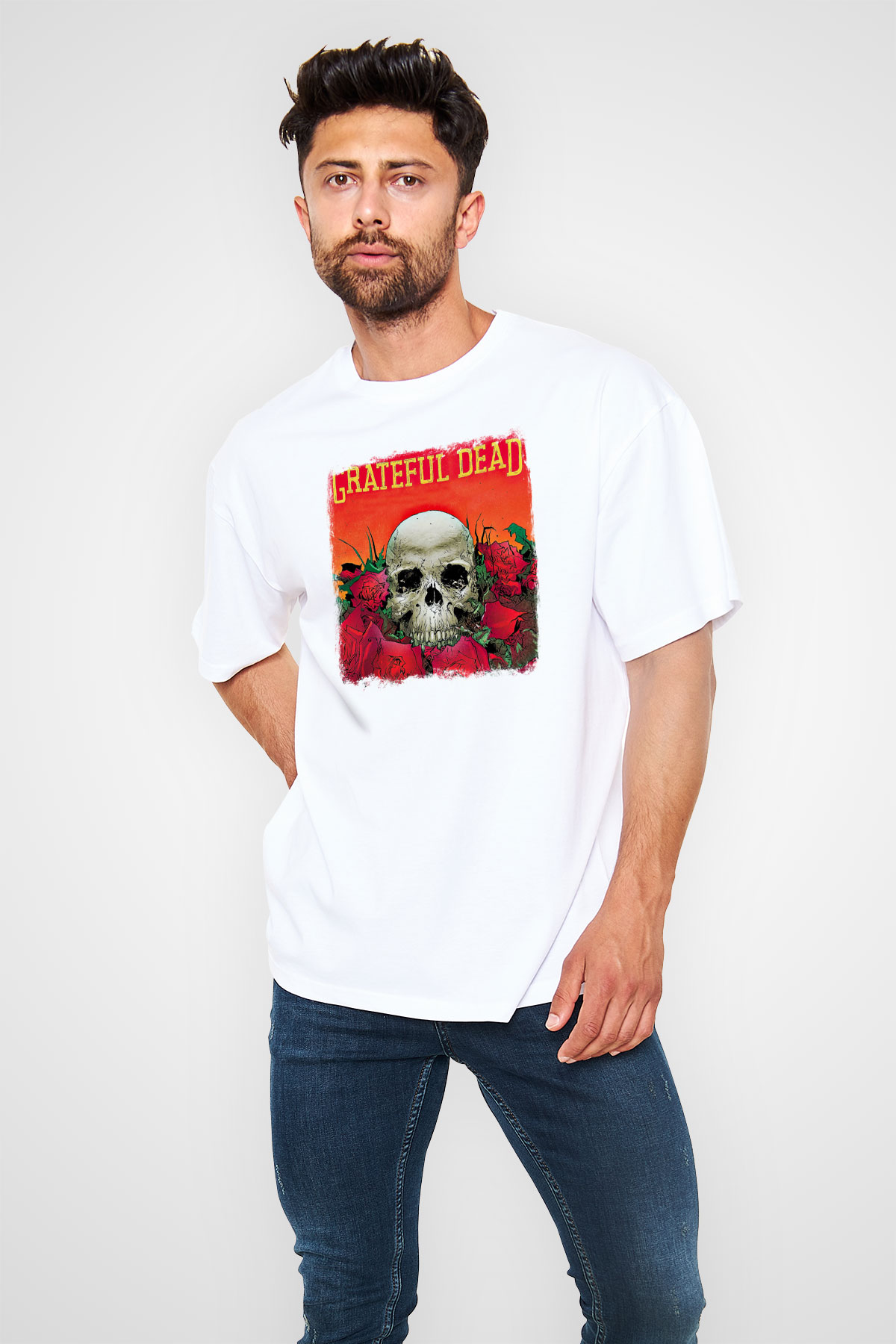 Grateful Dead Baskılı Unisex Beyaz Oversize Tişört