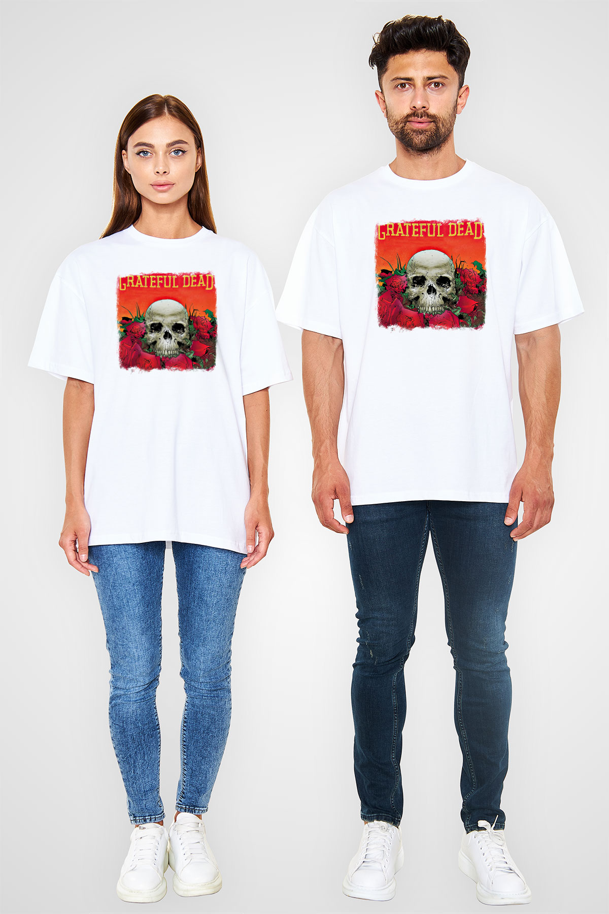 Grateful Dead Baskılı Unisex Beyaz Oversize Tişört