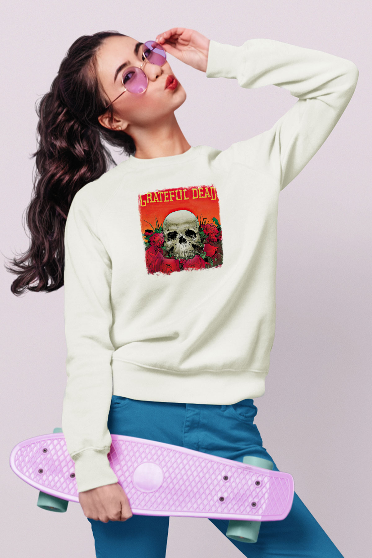 Grateful Dead Baskılı Unisex Beyaz Sweatshirt