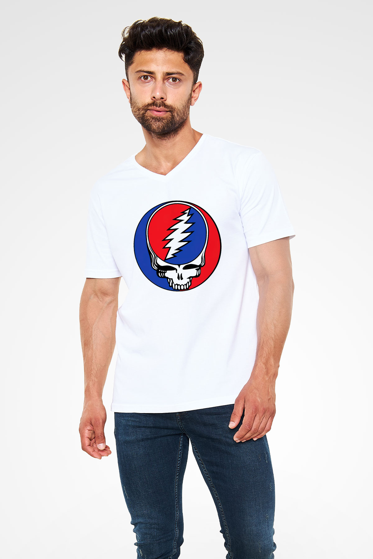 Grateful Dead Beyaz Unisex V Yaka Tişört T-Shirt