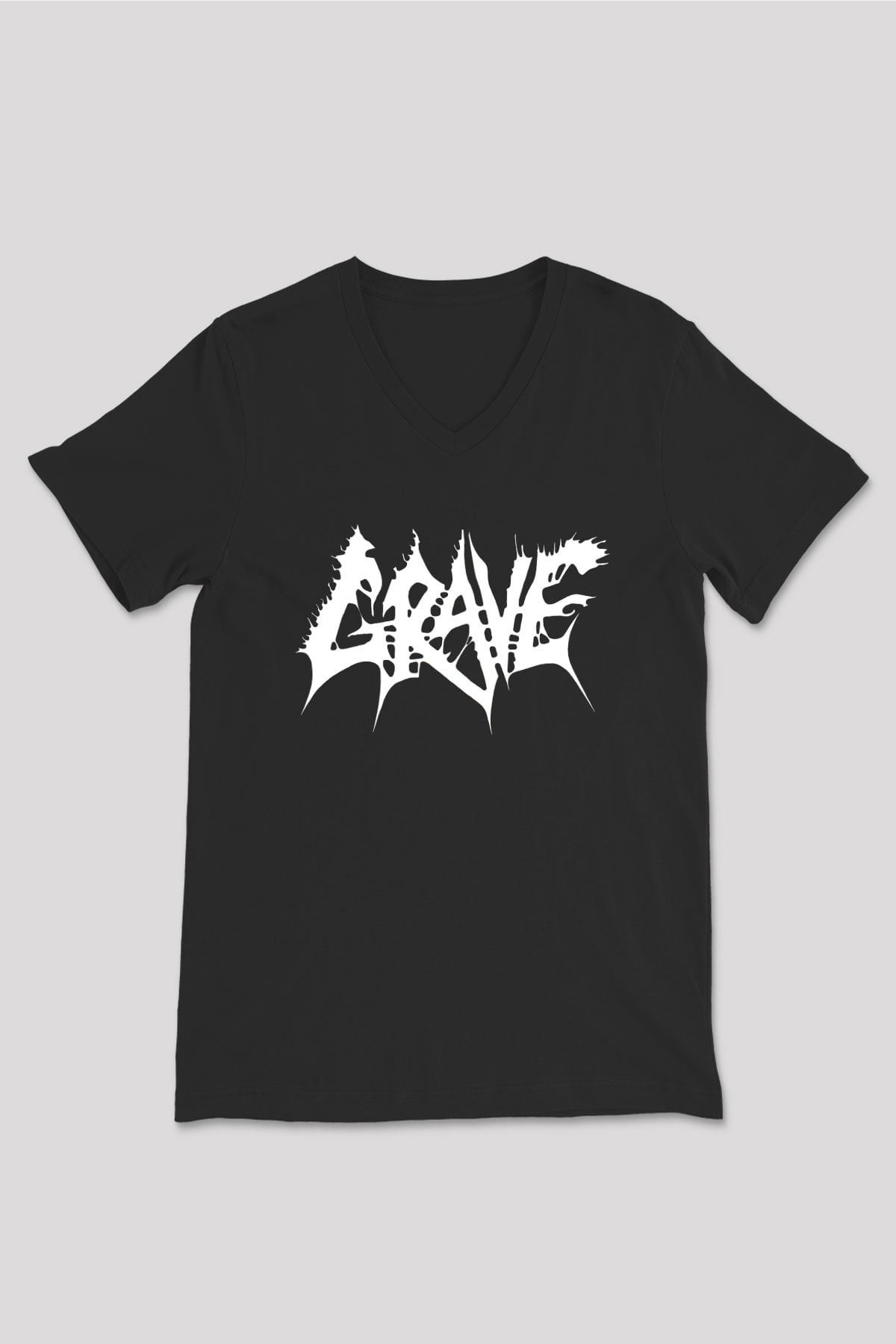 Grave Baskılı Unisex Siyah V Yaka Tişört - Tshirt
