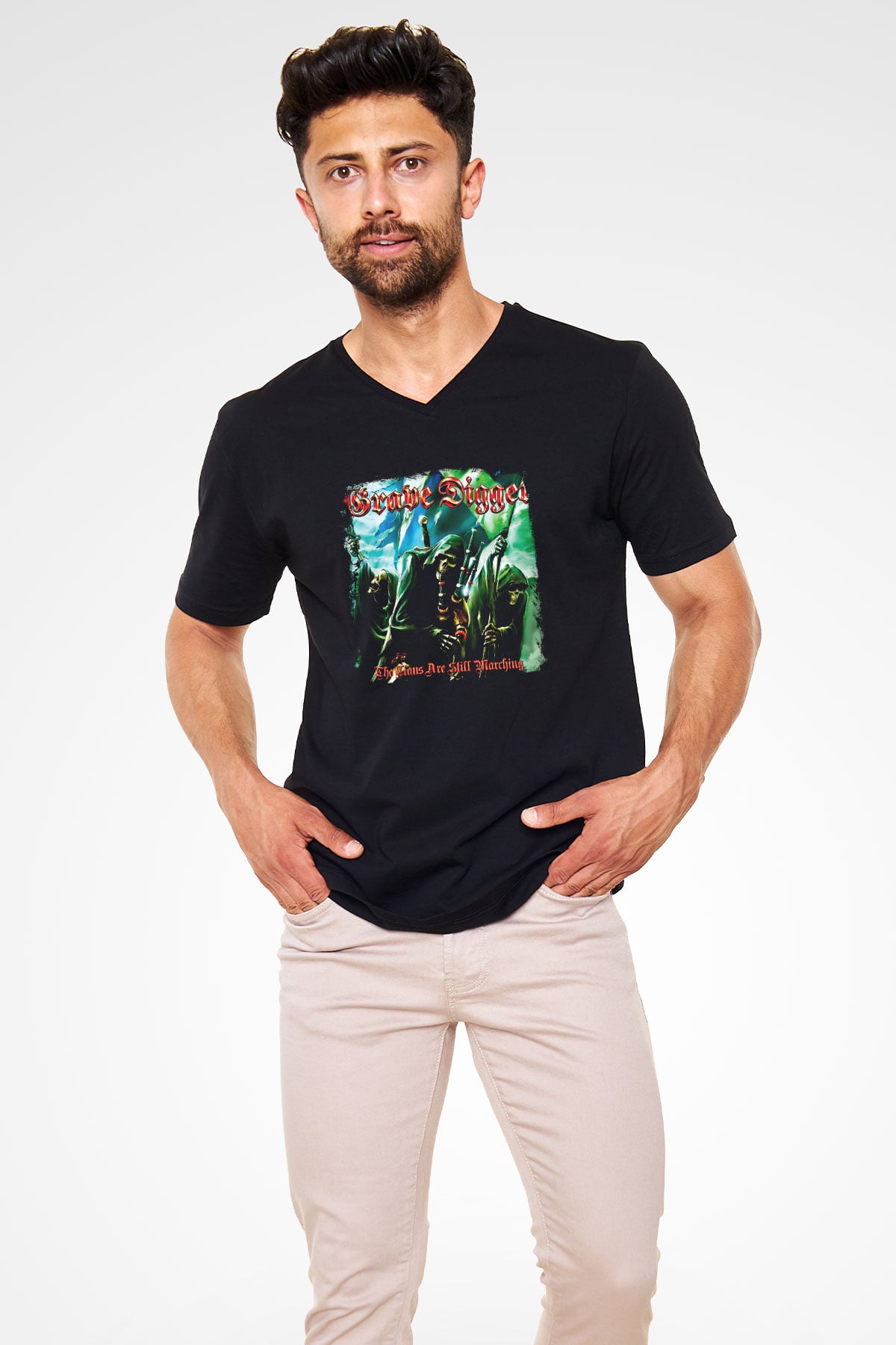Grave Digger Baskılı Unisex Siyah V Yaka Tişört
