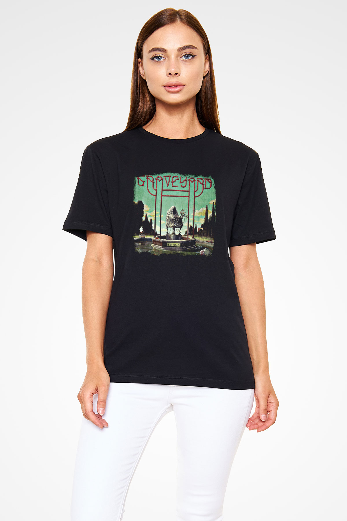 Graveyard Baskılı Unisex Siyah Tişört