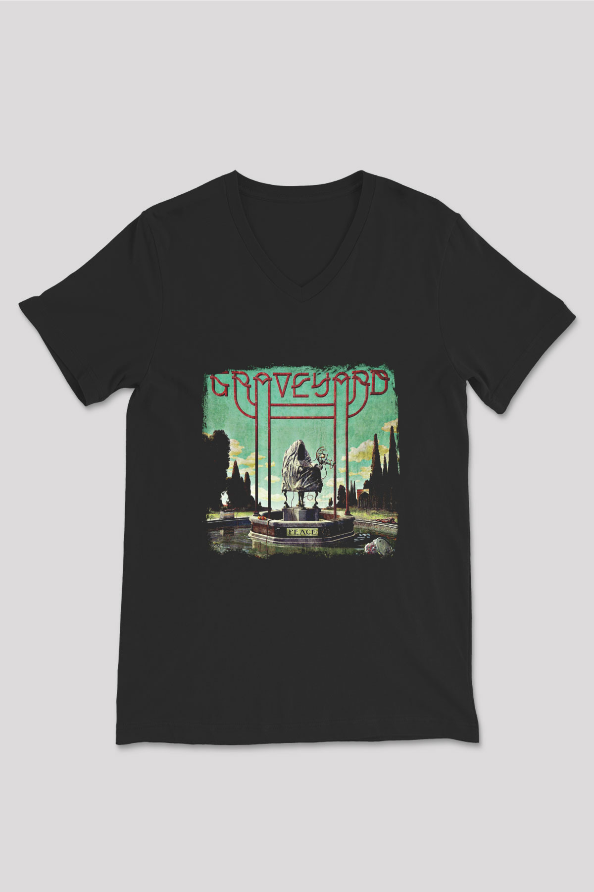 Graveyard Baskılı Unisex Siyah V Yaka Tişört
