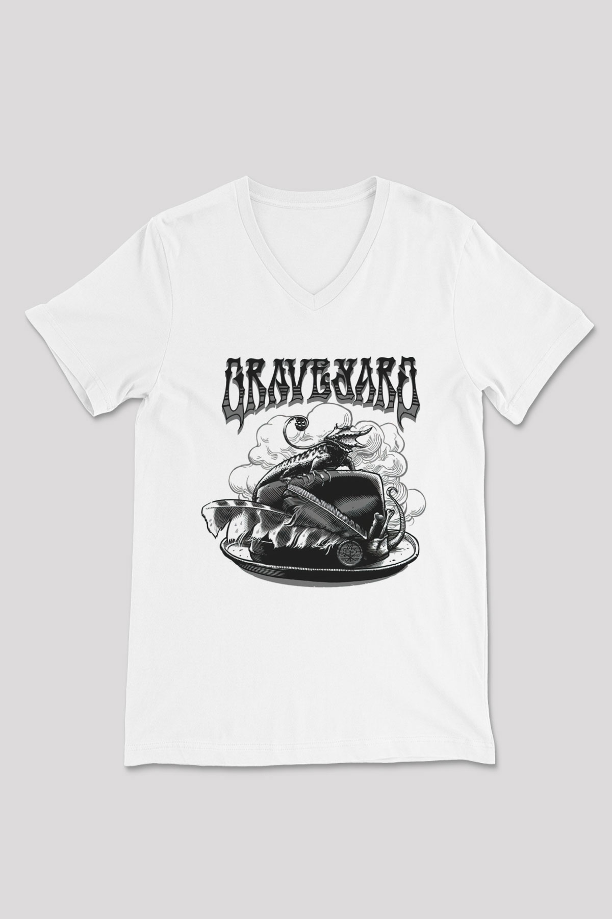Graveyard Beyaz Unisex V Yaka Tişört