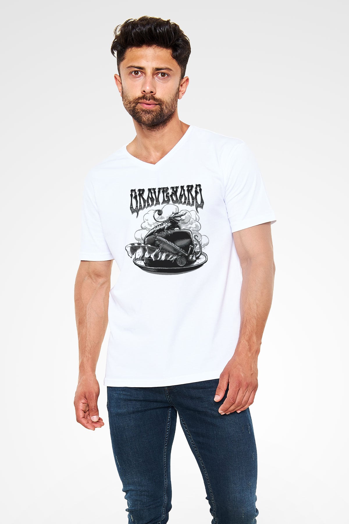 Graveyard Beyaz Unisex V Yaka Tişört