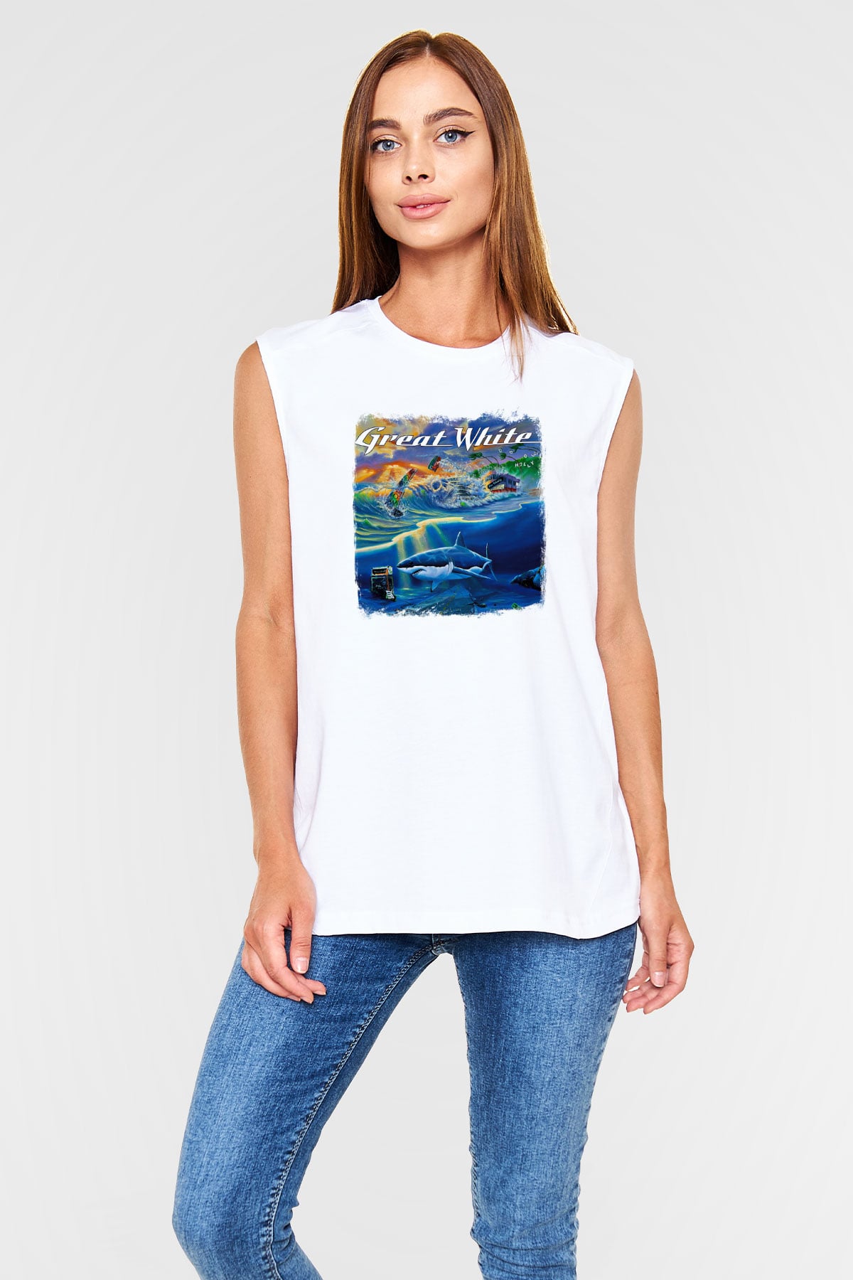 Great White Baskılı Unisex Beyaz Kolsuz Tişört